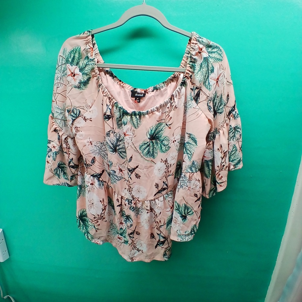 a.n.a Peplum Blouse M Pink Floral Boho Tropical Bell Sleeve‎ Off Shoulder Top
